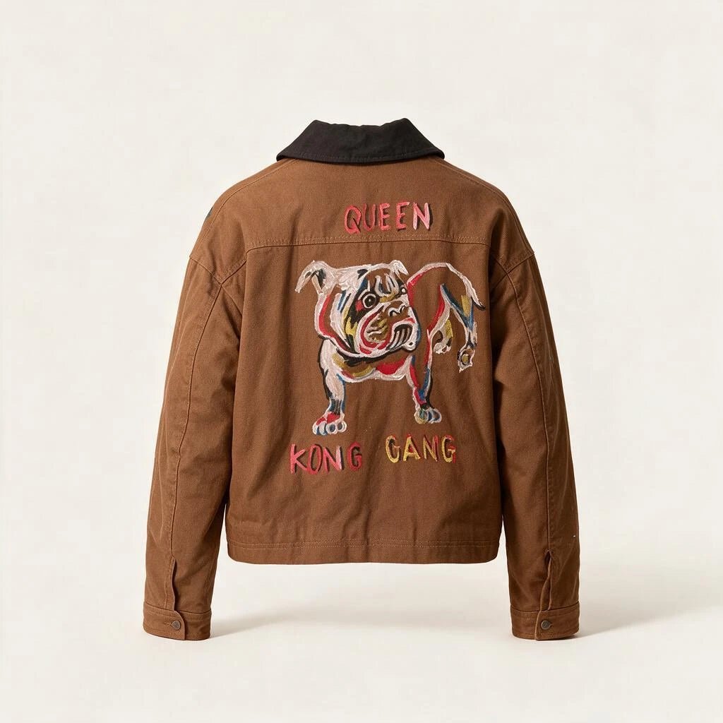Cropped Brown Le Laboureur x Manon Bara Jacket — Bulldog & Queen Kong Gang (1-of-1) – vêtement signé Queen Kong Gang, pièce artistique