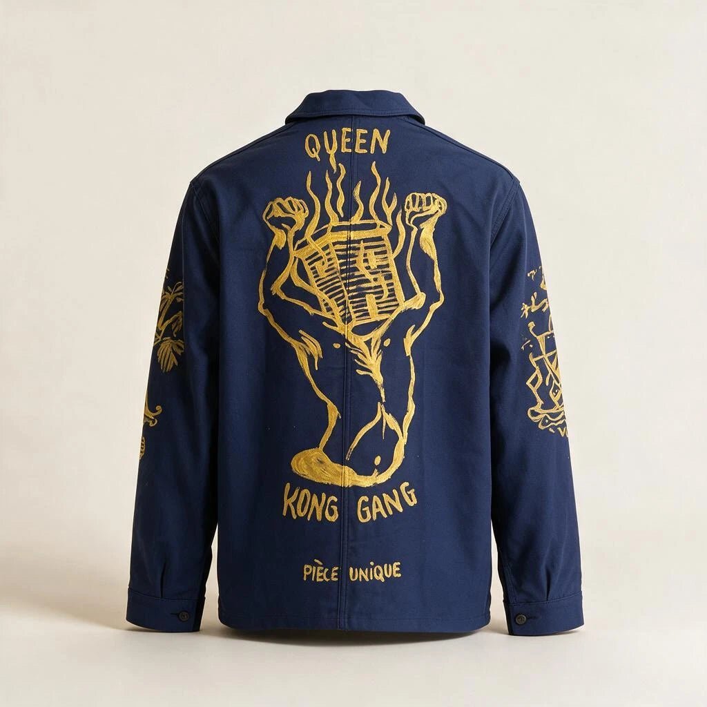 Golden Workwear Jacket — 1-of-1 Piece by Manon Bara – vêtement signé Queen Kong Gang, pièce artistique