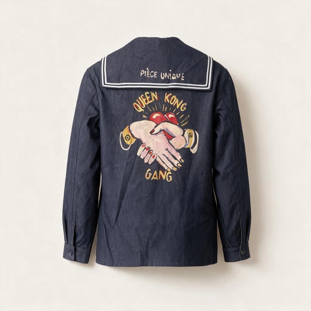 Authentic French Navy Sailor Jacket — 1-of-1 Hand-Painted by Manon Bara – vêtement signé Queen Kong Gang, pièce artistique