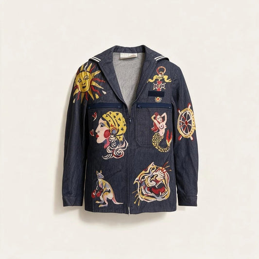 Authentic French Navy Sailor Jacket — 1-of-1 Hand-Painted by Manon Bara – vêtement signé Queen Kong Gang, pièce artistique