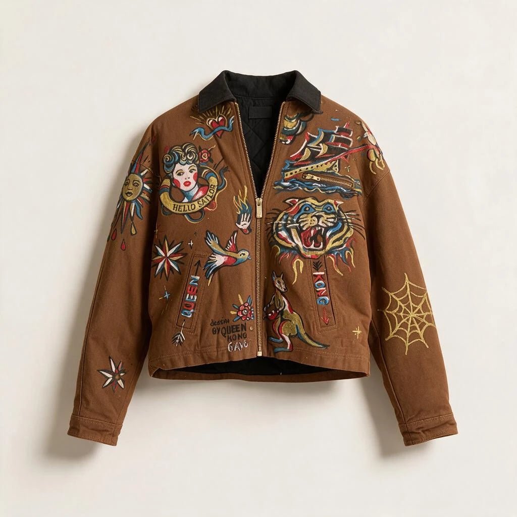 Cropped Brown Le Laboureur x Manon Bara Jacket — Bulldog & Queen Kong Gang (1-of-1) – vêtement signé Queen Kong Gang, pièce artistique
