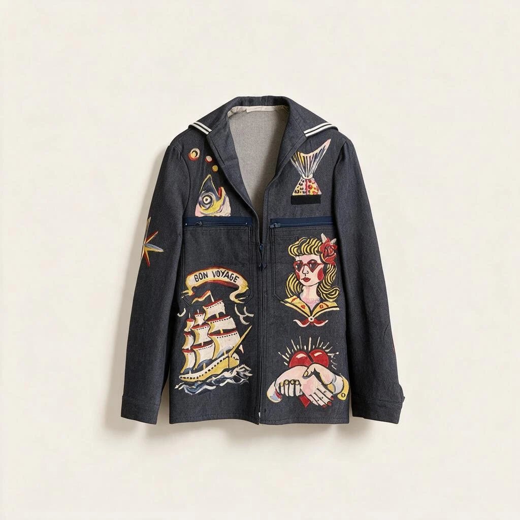 Deep Blue Sailor Collar Jacket — 1-of-1 Hand-Painted by Manon Bara – vêtement signé Queen Kong Gang, pièce artistique