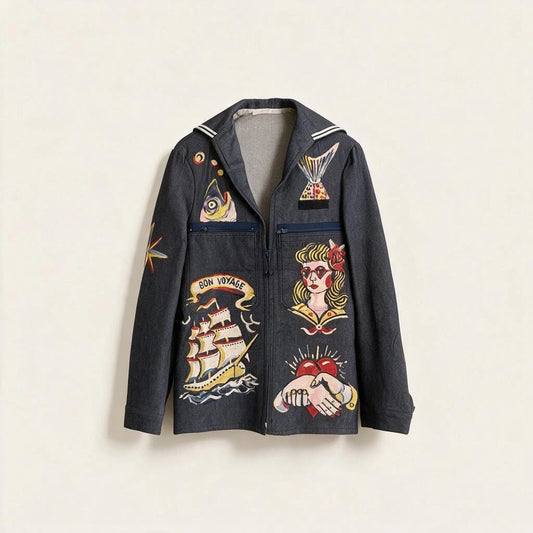 Deep Blue Sailor Collar Jacket — 1-of-1 Hand-Painted by Manon Bara – vêtement signé Queen Kong Gang, pièce artistique