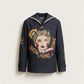 Deep Blue Sailor Collar Jacket — 1-of-1 Hand-Painted by Manon Bara – vêtement signé Queen Kong Gang, pièce artistique