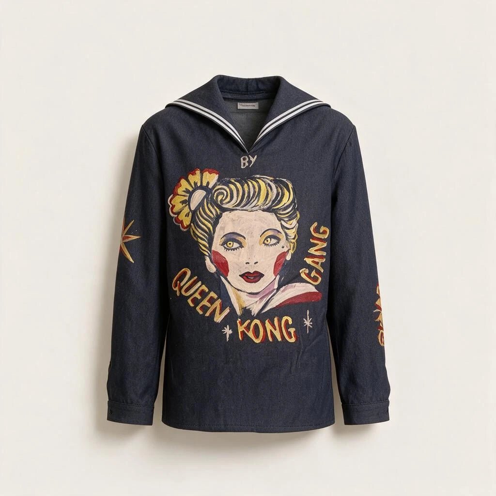Deep Blue Sailor Collar Jacket — 1-of-1 Hand-Painted by Manon Bara – vêtement signé Queen Kong Gang, pièce artistique