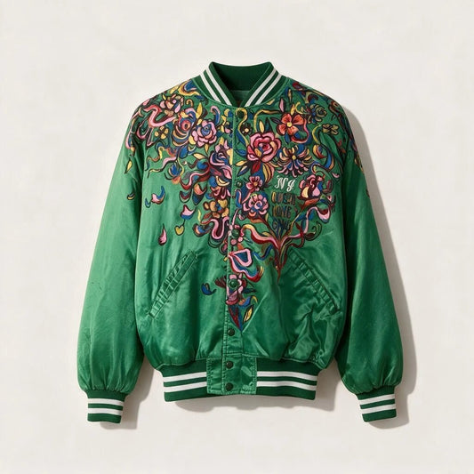 Emerald Green Satin Bomber — 1-of-1 Hand-Painted by Manon Bara – vêtement signé Queen Kong Gang, pièce artistique