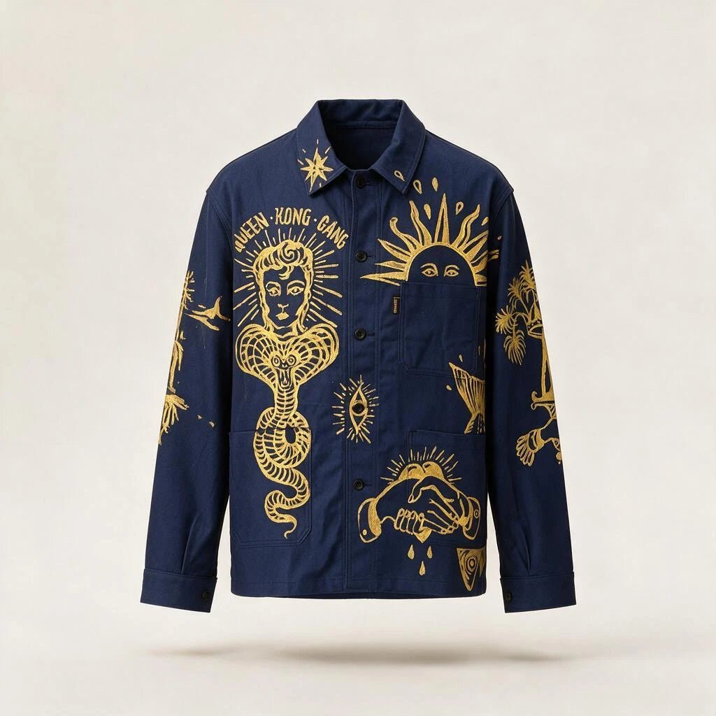 Golden Workwear Jacket — 1-of-1 Piece by Manon Bara – vêtement signé Queen Kong Gang, pièce artistique