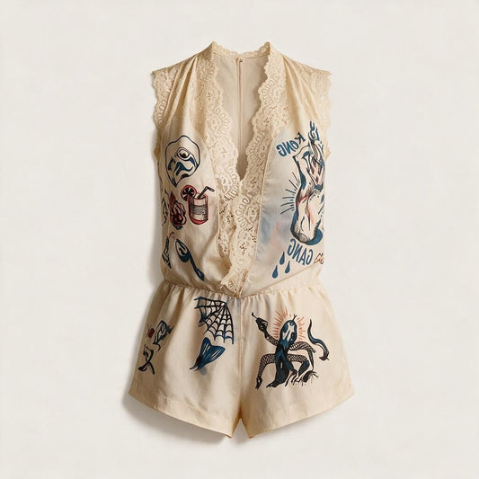 "No-Needle Tattoo" Playsuit (Lace & Rebel Spirit) – vêtement signé Queen Kong Gang, pièce artistique
