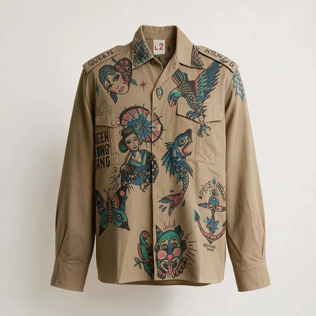Sand Beige Military Overshirt — 1-of-1 Piece by Manon Bara – vêtement signé Queen Kong Gang, pièce artistique