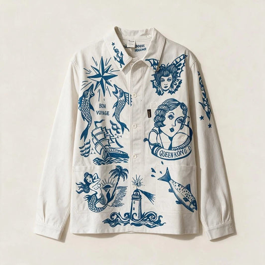 The Reverse Workwear Jacket — 1-of-1 Piece by Le Laboureur x Manon Bara – vêtement signé Queen Kong Gang, pièce artistique