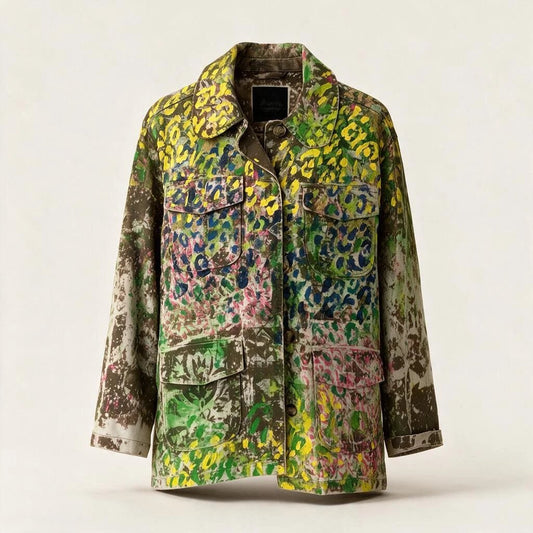 Vibrant Le Laboureur x Manon Bara Workwear Jacket — Green, Yellow & Pink (1-of-1) – vêtement signé Queen Kong Gang, pièce artistique