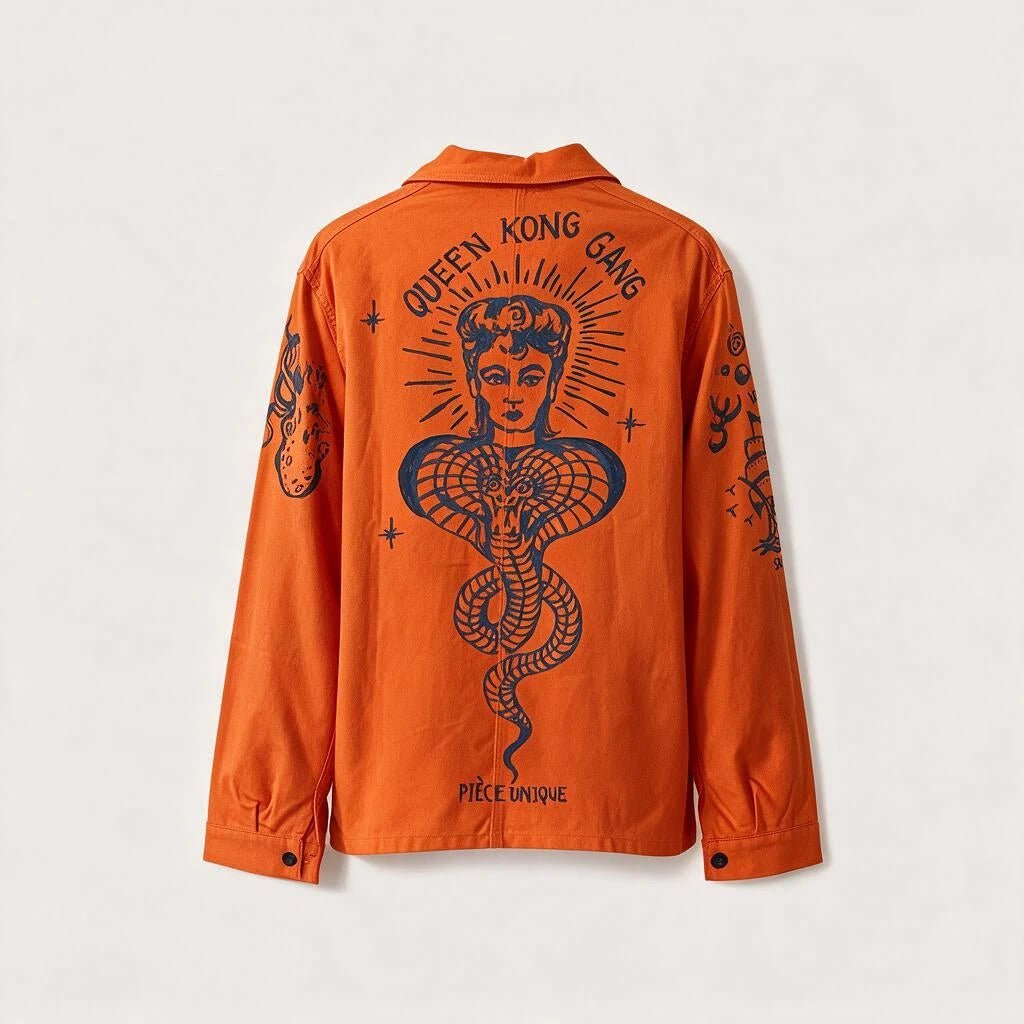 Vibrant Orange Le Laboureur x Manon Bara Overshirt — Cobra & Octopus (1-of-1) – vêtement signé Queen Kong Gang, pièce artistique