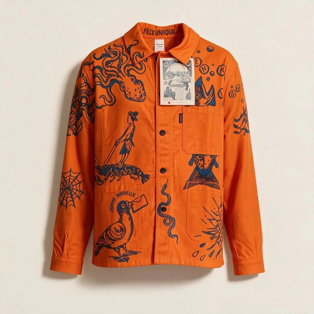 Vibrant Orange Le Laboureur x Manon Bara Overshirt — Cobra & Octopus (1-of-1) – vêtement signé Queen Kong Gang, pièce artistique